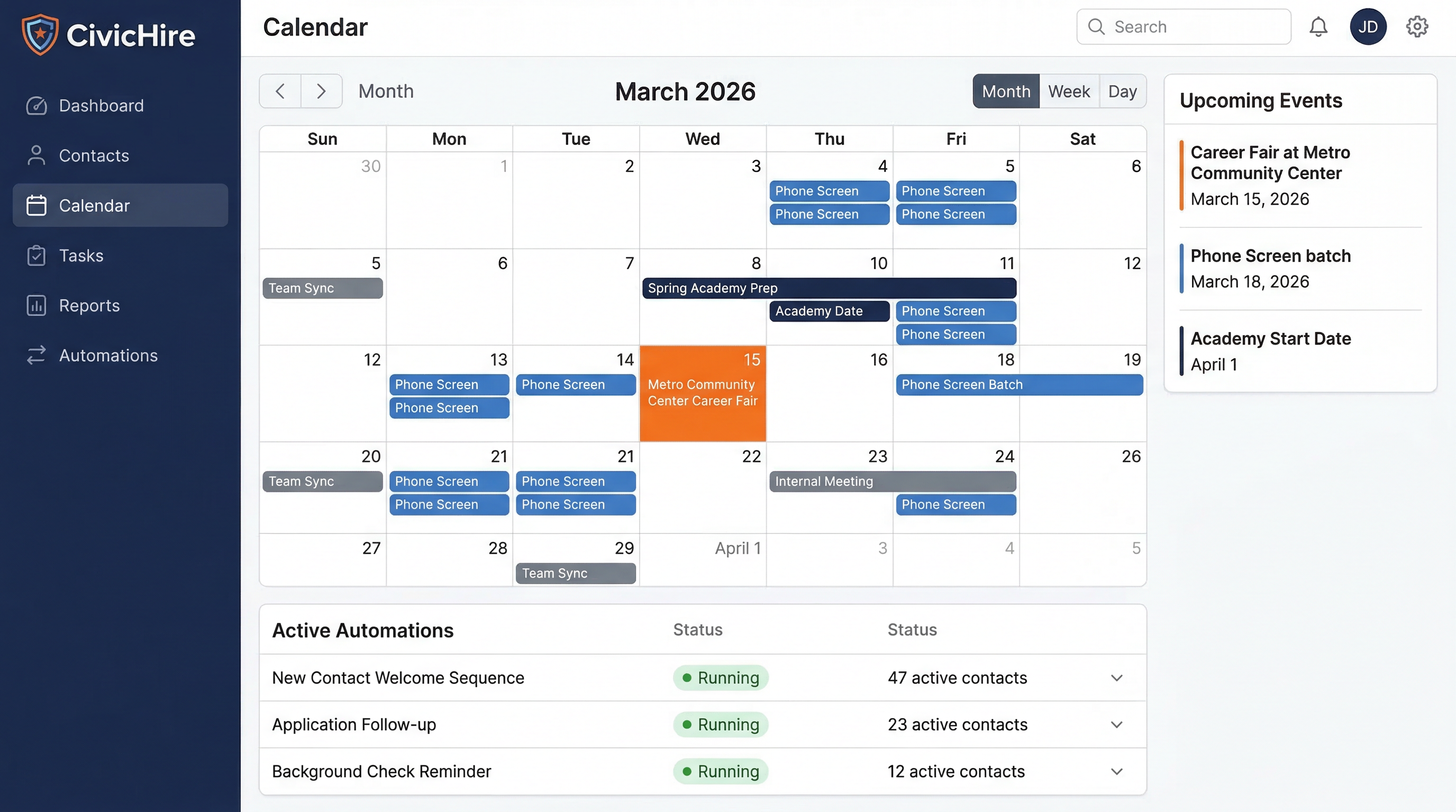 CivicHire Recruiting 360 calendar showing scheduled recruiting events and follow-up tasks