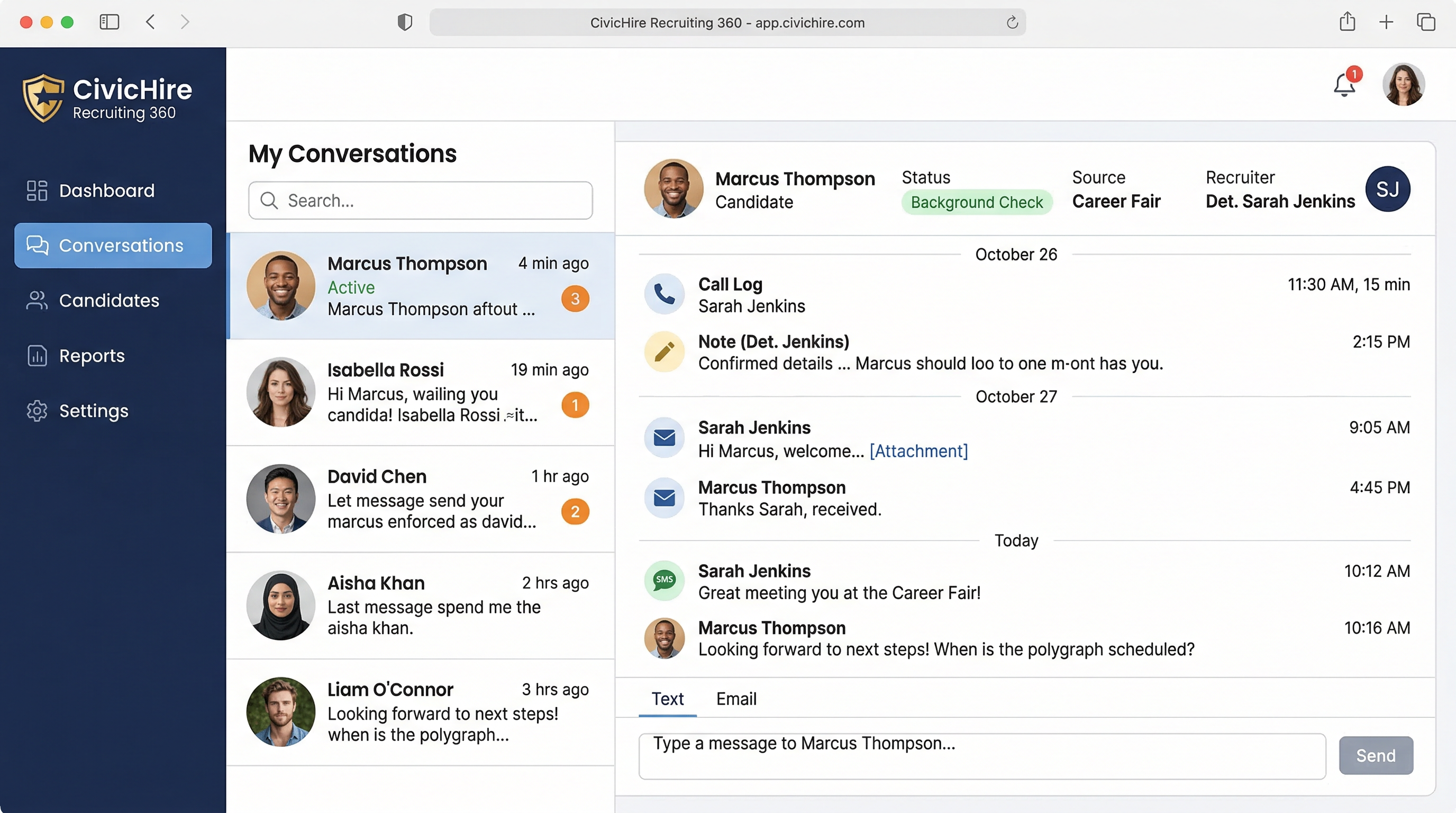 CivicHire Recruiting 360 conversation view showing candidate communication timeline