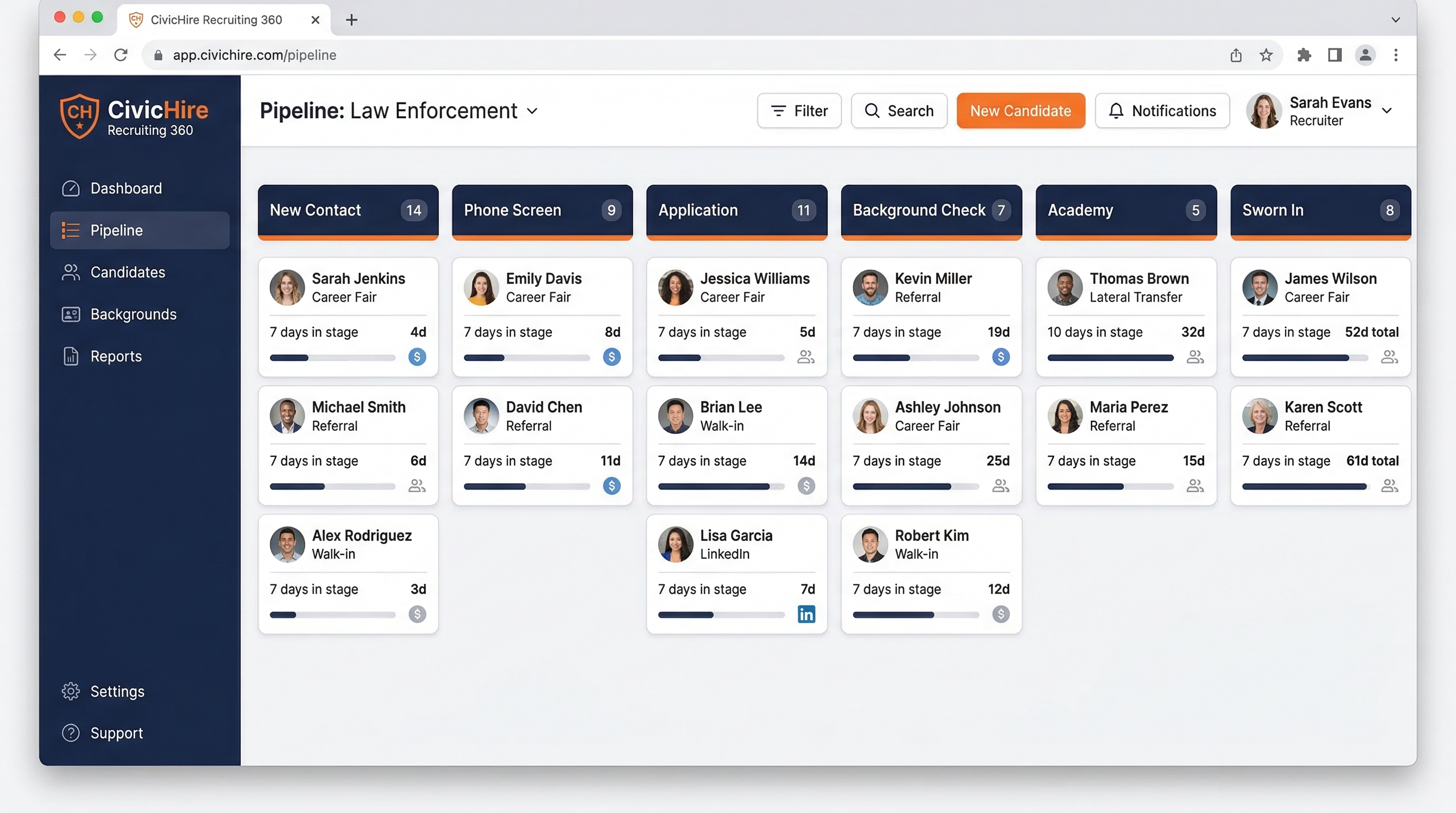 CivicHire Recruiting 360 intelligence dashboard showing recruiting pipeline and real-time reporting